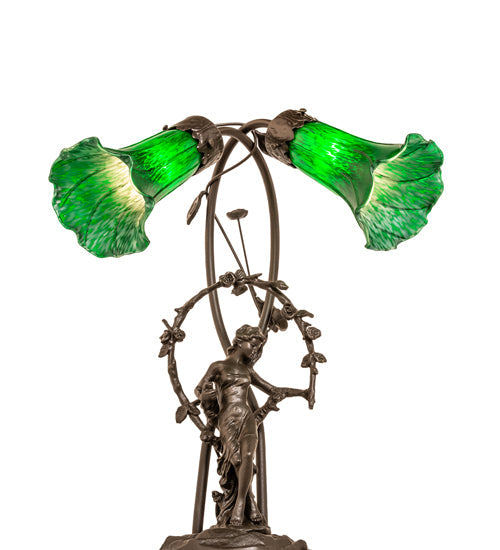 Meyda Lighting Green Tiffany Pond Lily 17" 2-Light Mahogany Bronze Trellis Girl Table Lamp With Green Shade Glass