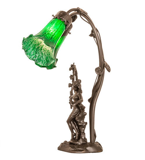 Meyda Lighting Green Tiffany Pond Lily 17" 2-Light Mahogany Bronze Trellis Girl Table Lamp With Green Shade Glass