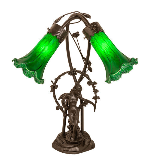Meyda Lighting Green Tiffany Pond Lily 17" 2-Light Mahogany Bronze Trellis Girl Table Lamp With Green Shade Glass