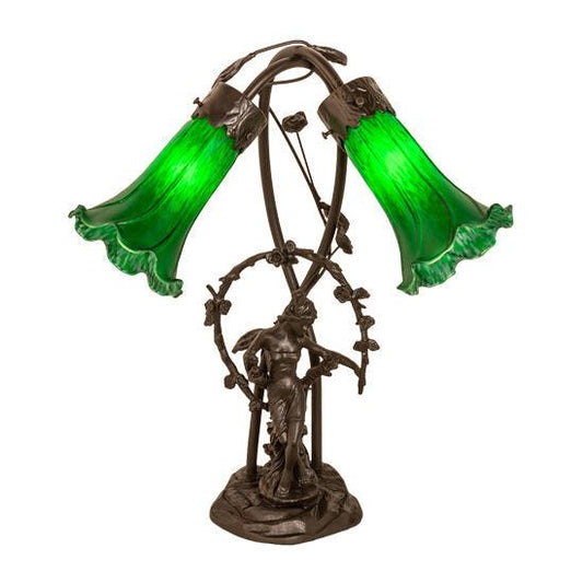 Meyda Lighting Green Tiffany Pond Lily 17" 2-Light Mahogany Bronze Trellis Girl Table Lamp With Green Shade Glass