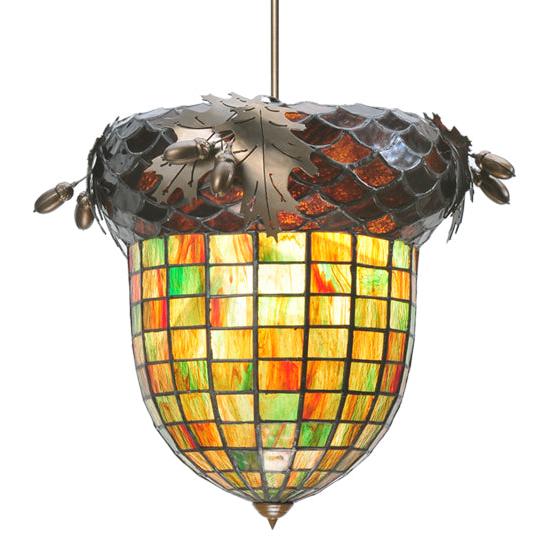 Meyda Lighting Greenbriar Oak 12" Antique Copper Inverted Pendant Light With Multi-Colored Shade Glass