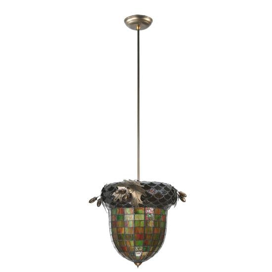 Meyda Lighting Greenbriar Oak 12" Antique Copper Inverted Pendant Light With Multi-Colored Shade Glass