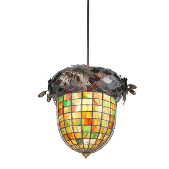 Meyda Lighting Greenbriar Oak 12" Antique Copper Inverted Pendant Light With Multi-Colored Shade Glass