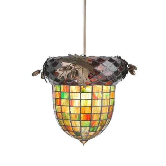 Meyda Lighting Greenbriar Oak 12" Antique Copper Inverted Pendant Light With Multi-Colored Shade Glass