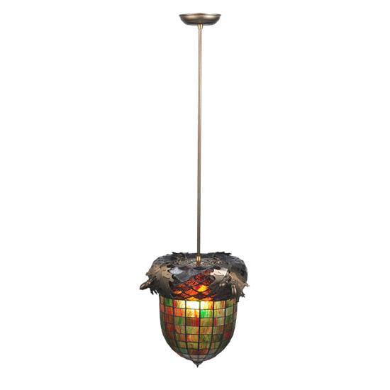 Meyda Lighting Greenbriar Oak 12" Antique Copper Inverted Pendant Light With Multi-Colored Shade Glass