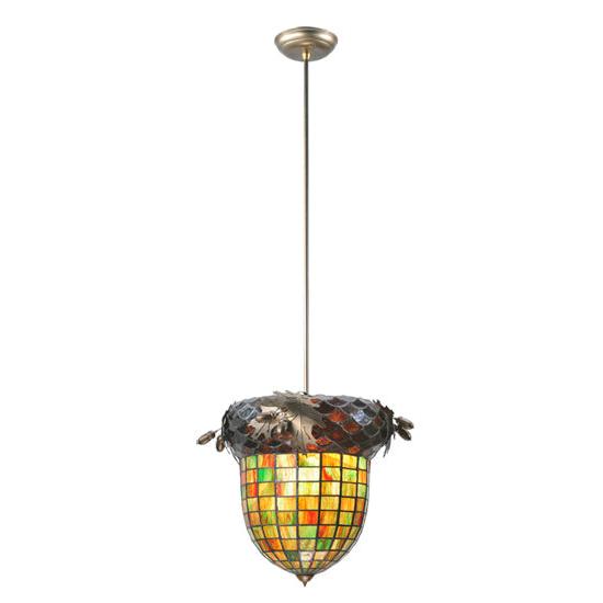Meyda Lighting Greenbriar Oak 12" Antique Copper Inverted Pendant Light With Multi-Colored Shade Glass