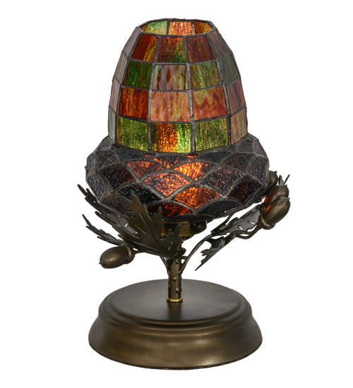 Meyda Lighting Greenbriar Oak 12" Antique Copper Mini Table Lamp With Autumn Green and Bark Brown Shade Glass