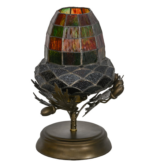 Meyda Lighting Greenbriar Oak 12" Antique Copper Mini Table Lamp With Autumn Green and Bark Brown Shade Glass