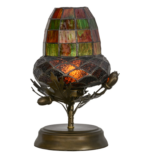 Meyda Lighting Greenbriar Oak 12" Antique Copper Mini Table Lamp With Autumn Green and Bark Brown Shade Glass