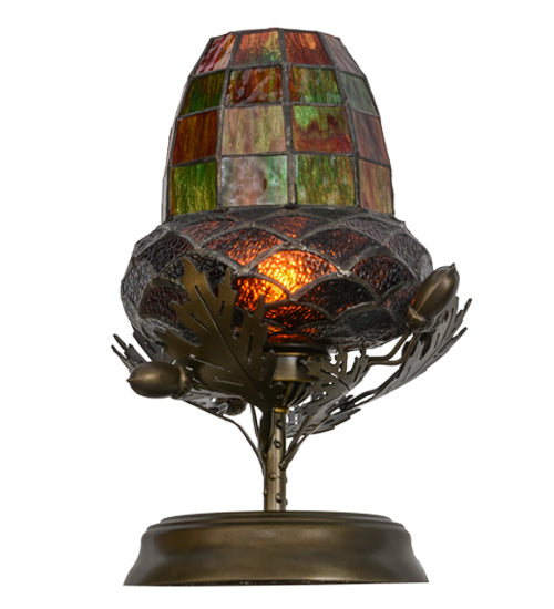 Meyda Lighting Greenbriar Oak 12" Antique Copper Mini Table Lamp With Autumn Green and Bark Brown Shade Glass