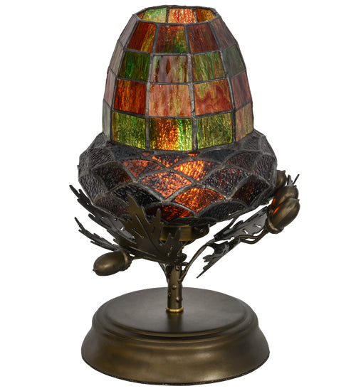 Meyda Lighting Greenbriar Oak 12" Antique Copper Mini Table Lamp With Autumn Green and Bark Brown Shade Glass