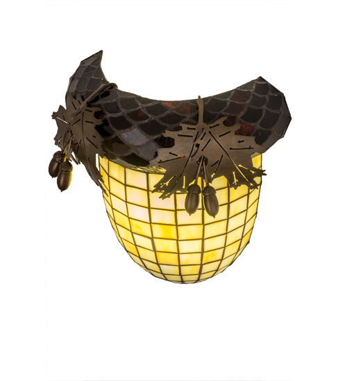 Meyda Lighting Greenbriar Oak 12" Antique Copper Wall Sconce With Beige and Brown Shade Glass
