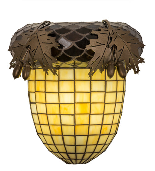 Meyda Lighting Greenbriar Oak 12" Antique Copper Wall Sconce With Beige and Brown Shade Glass