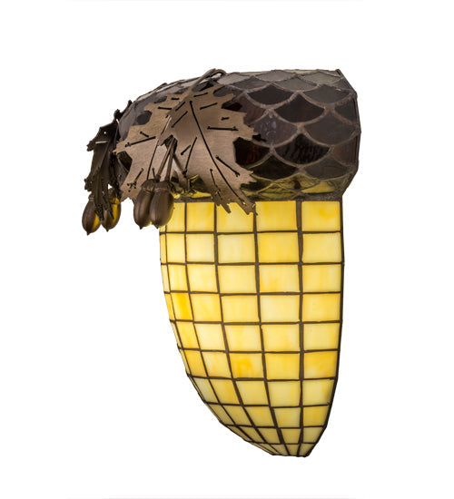 Meyda Lighting Greenbriar Oak 12" Antique Copper Wall Sconce With Beige and Brown Shade Glass