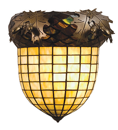 Meyda Lighting Greenbriar Oak 12" Antique Copper Wall Sconce With Brown & Beige Shade Glass