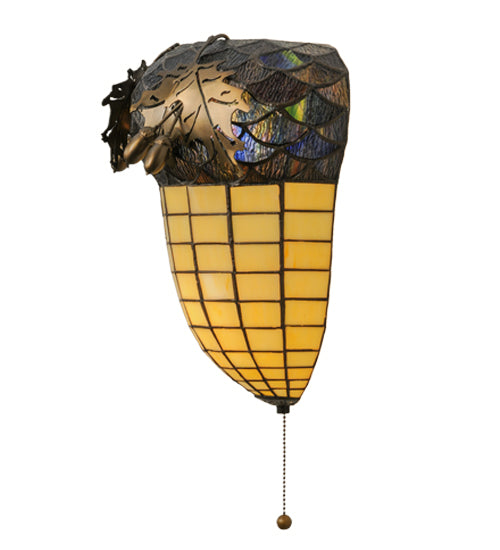 Meyda Lighting Greenbriar Oak 13" 2-Light Antique Copper Wall Sconce With Amber and Beige Shade Glass