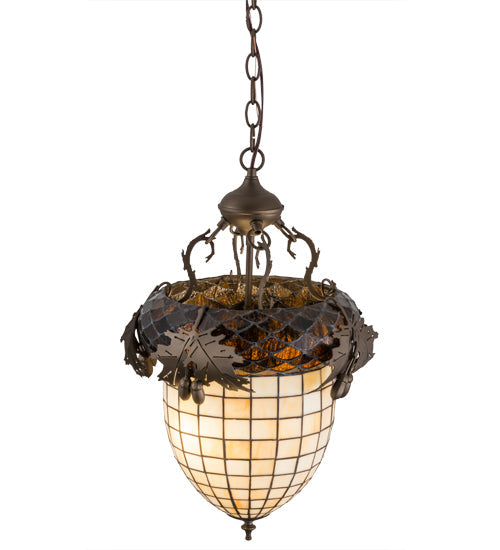 Meyda Lighting Greenbriar Oak 14" 2-Light Tyler Bronze Inverted Pendant Light With Autumn Beige & Bark Brown Shade Glass