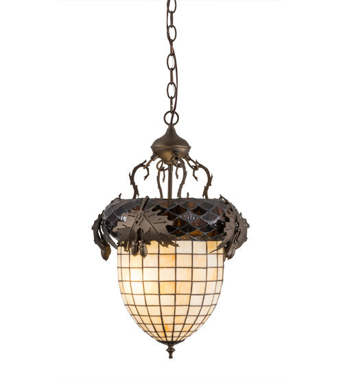 Meyda Lighting Greenbriar Oak 14" 2-Light Tyler Bronze Inverted Pendant Light With Autumn Beige & Bark Brown Shade Glass