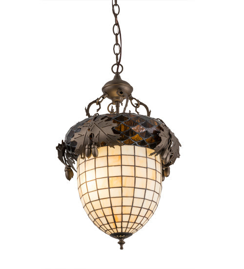 Meyda Lighting Greenbriar Oak 14" 2-Light Tyler Bronze Inverted Pendant Light With Autumn Beige & Bark Brown Shade Glass