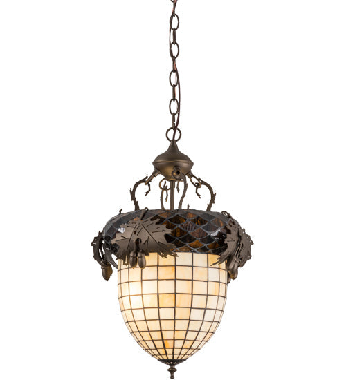 Meyda Lighting Greenbriar Oak 14" 2-Light Tyler Bronze Inverted Pendant Light With Autumn Beige & Bark Brown Shade Glass