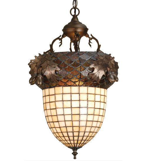 Meyda Lighting Greenbriar Oak 14" Antique Copper Inverted Pendant Light With Beige & Brown Shade Glass