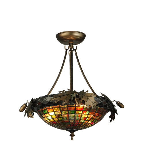 Meyda Lighting Greenbriar Oak 16" 3-Light Antique Copper Semi-flush Mount Light With Multi-Colored Shade Glass