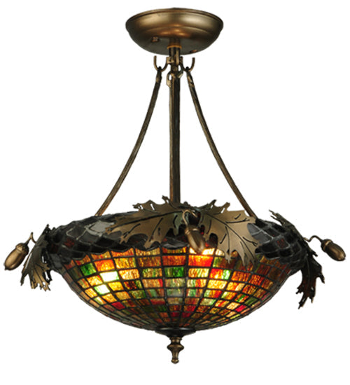 Meyda Lighting Greenbriar Oak 16" 3-Light Antique Copper Semi-flush Mount Light With Multi-Colored Shade Glass