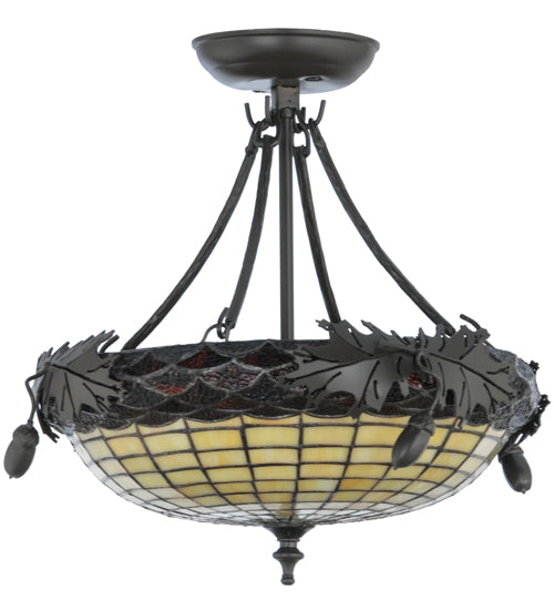 Meyda Lighting Greenbriar Oak 16" 3-Light Timeless Bronze Semi-flush Mount Ceiling Light With Beige and Bark Brown Shade Glass