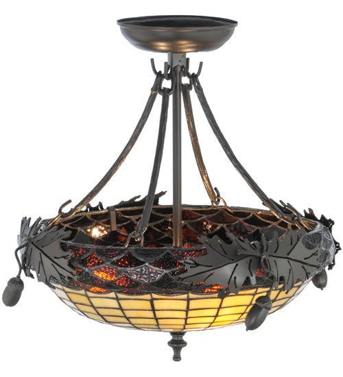 Meyda Lighting Greenbriar Oak 16" 3-Light Timeless Bronze Semi-flush Mount Ceiling Light With Beige and Bark Brown Shade Glass