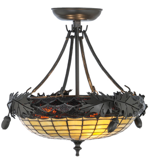 Meyda Lighting Greenbriar Oak 16" 3-Light Timeless Bronze Semi-flush Mount Ceiling Light With Beige and Bark Brown Shade Glass