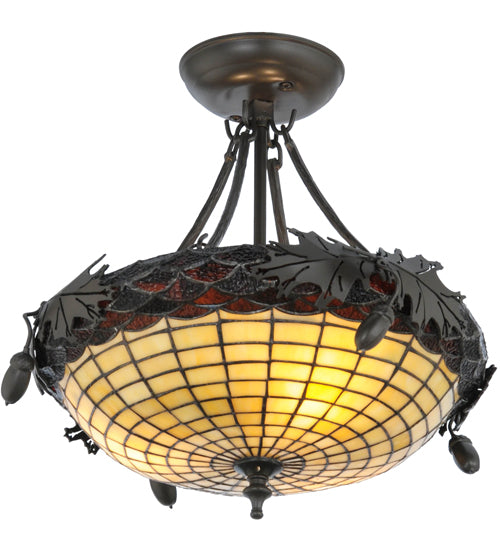 Meyda Lighting Greenbriar Oak 16" 3-Light Timeless Bronze Semi-flush Mount Ceiling Light With Beige and Bark Brown Shade Glass