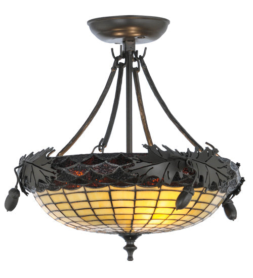 Meyda Lighting Greenbriar Oak 16" 3-Light Timeless Bronze Semi-flush Mount Ceiling Light With Beige and Bark Brown Shade Glass