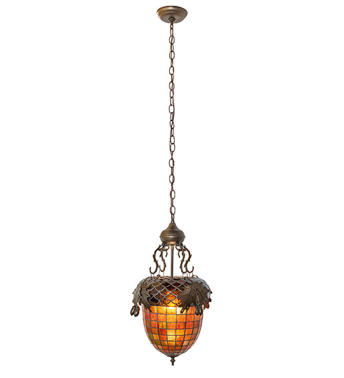 Meyda Lighting Greenbriar Oak 17" Antique Copper Inverted Pendant Light With Green & Brown Shade Glass