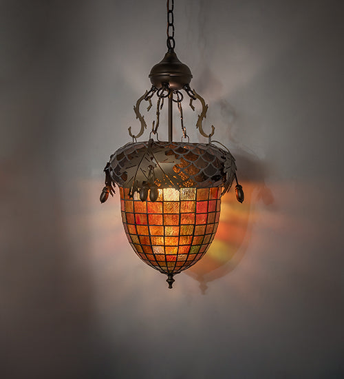 Meyda Lighting Greenbriar Oak 17" Antique Copper Inverted Pendant Light With Green & Brown Shade Glass