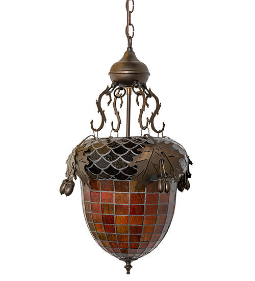 Meyda Lighting Greenbriar Oak 17" Antique Copper Inverted Pendant Light With Green & Brown Shade Glass
