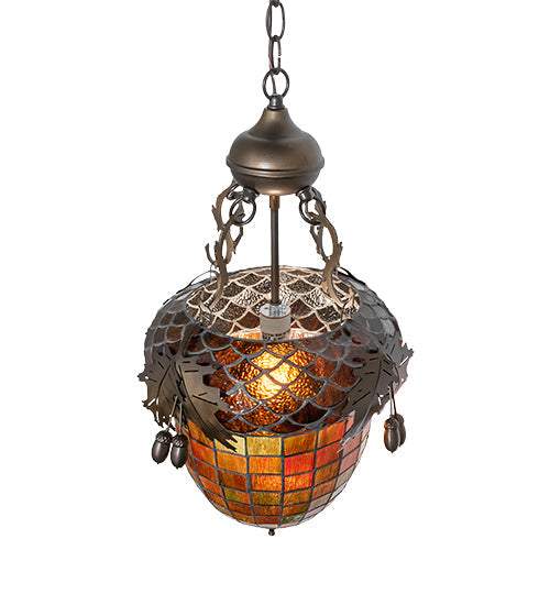 Meyda Lighting Greenbriar Oak 17" Antique Copper Inverted Pendant Light With Green & Brown Shade Glass