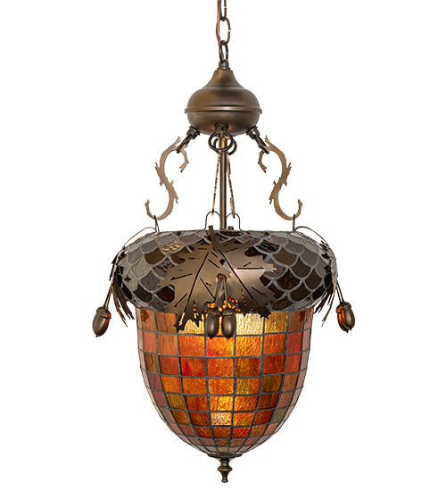 Meyda Lighting Greenbriar Oak 17" Antique Copper Inverted Pendant Light With Green & Brown Shade Glass