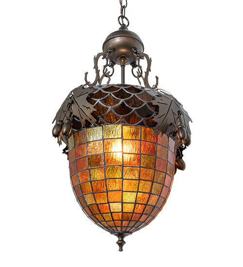Meyda Lighting Greenbriar Oak 17" Antique Copper Inverted Pendant Light With Green & Brown Shade Glass