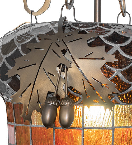 Meyda Lighting Greenbriar Oak 17" Antique Copper Inverted Pendant Light With Green & Brown Shade Glass