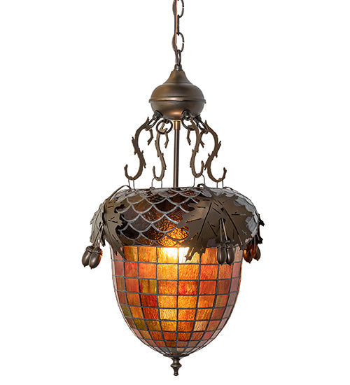Meyda Lighting Greenbriar Oak 17" Antique Copper Inverted Pendant Light With Green & Brown Shade Glass