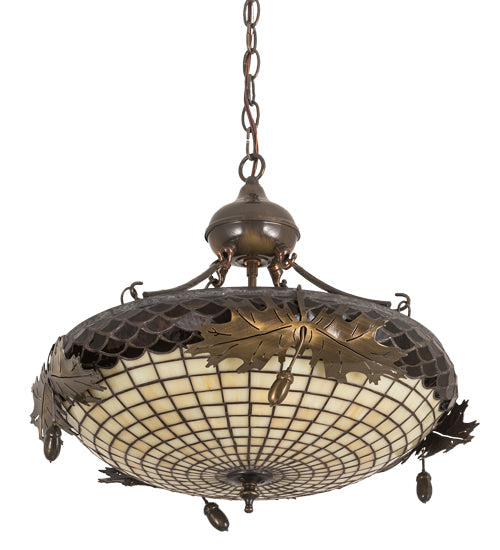 Meyda Lighting Greenbriar Oak 18" 2-Light Antique Brass Gloss Inverted Pendant Light With Bark Brown & Autumn Beige Art Shade Glass