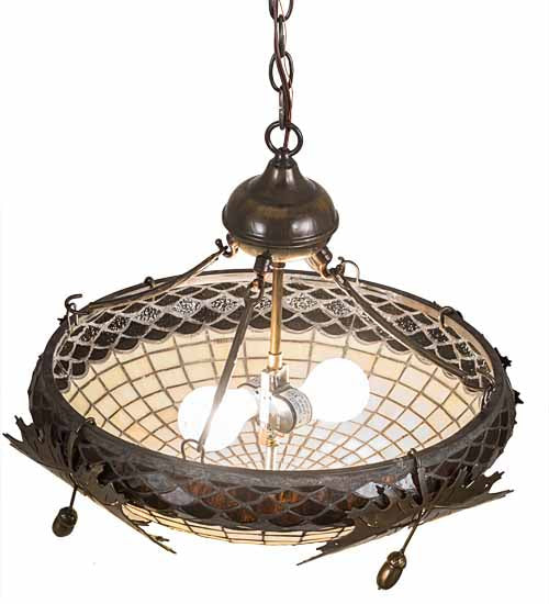 Meyda Lighting Greenbriar Oak 18" 2-Light Antique Brass Gloss Inverted Pendant Light With Bark Brown & Autumn Beige Art Shade Glass