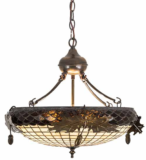 Meyda Lighting Greenbriar Oak 18" 2-Light Antique Brass Gloss Inverted Pendant Light With Bark Brown & Autumn Beige Art Shade Glass