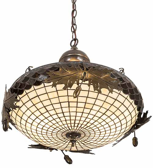 Meyda Lighting Greenbriar Oak 18" 2-Light Antique Brass Gloss Inverted Pendant Light With Bark Brown & Autumn Beige Art Shade Glass