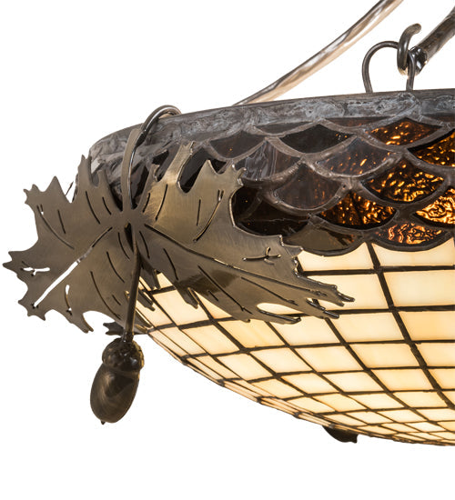 Meyda Lighting Greenbriar Oak 18" 2-Light Antique Brass Gloss Inverted Pendant Light With Bark Brown & Autumn Beige Art Shade Glass
