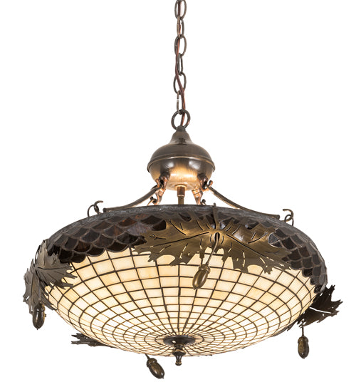 Meyda Lighting Greenbriar Oak 18" 2-Light Antique Brass Gloss Inverted Pendant Light With Bark Brown & Autumn Beige Art Shade Glass