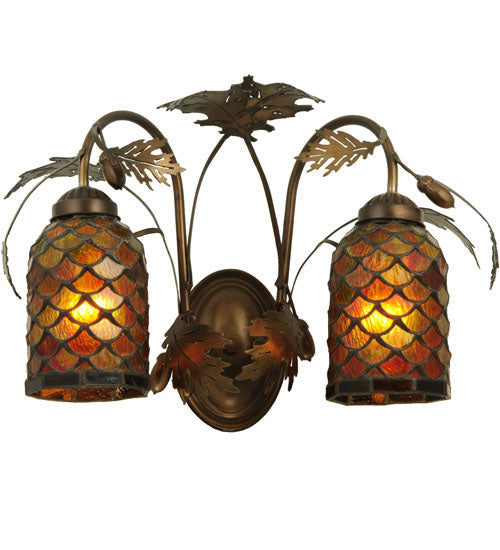 Meyda Lighting Greenbriar Oak 18" 2-Light Antique Copper Scallop Wall Sconce With Multi-Colored Shade Glass