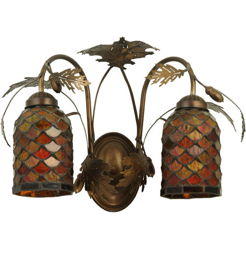 Meyda Lighting Greenbriar Oak 18" 2-Light Antique Copper Scallop Wall Sconce With Multi-Colored Shade Glass