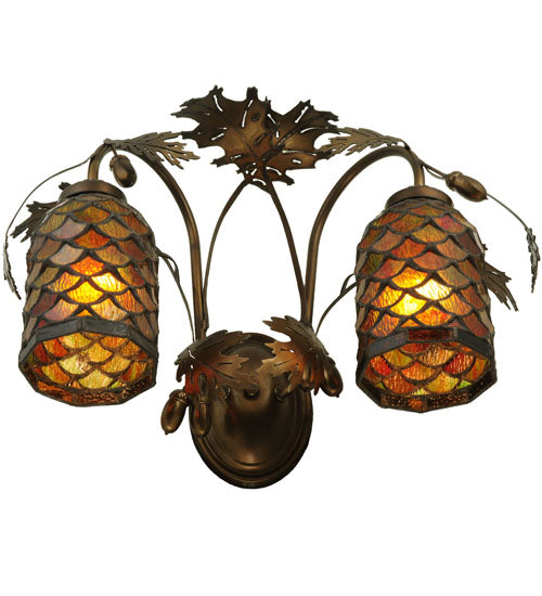 Meyda Lighting Greenbriar Oak 18" 2-Light Antique Copper Scallop Wall Sconce With Multi-Colored Shade Glass