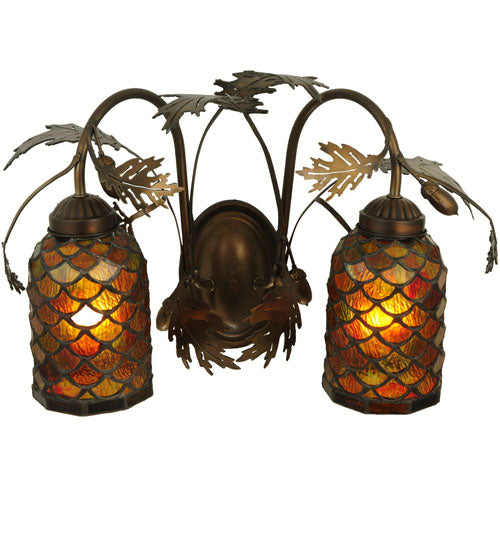 Meyda Lighting Greenbriar Oak 18" 2-Light Antique Copper Scallop Wall Sconce With Multi-Colored Shade Glass